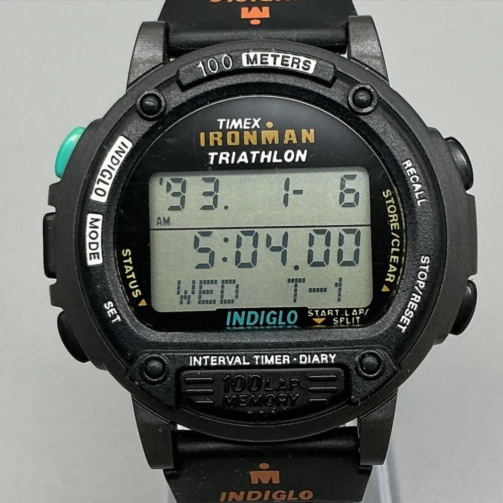 Vintage Timex Ironman Triathlon Mens Watch 44mm Gray Digital 100 Lap Indiglo